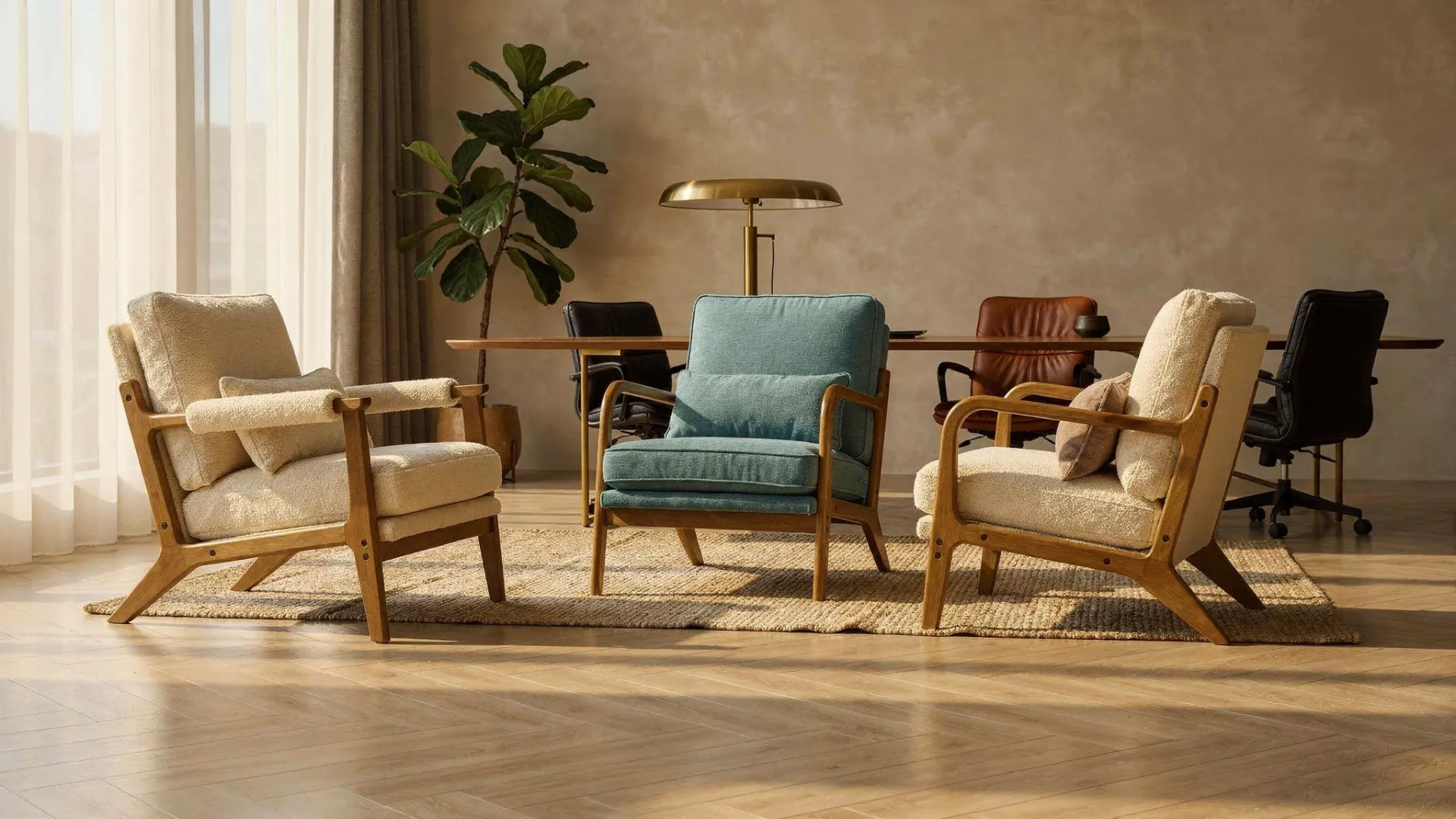 A warm, modern living room with a curved accent chair, walnut wood and earthy tones