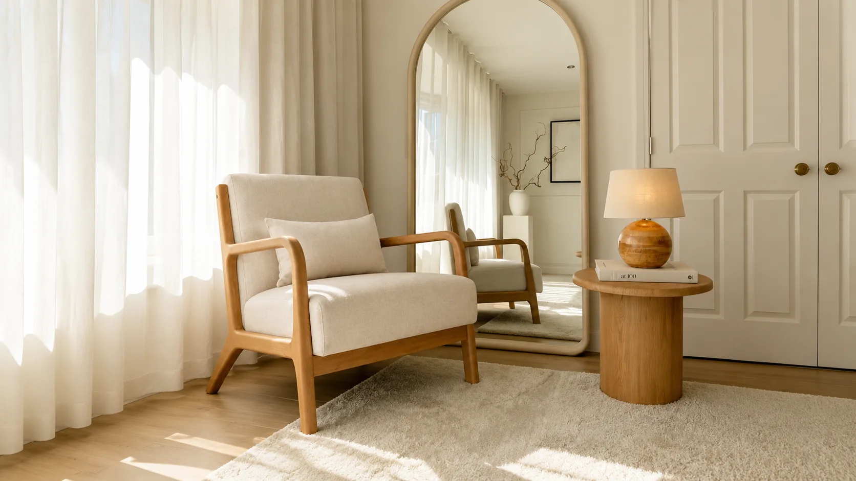 A cream upholstered accent chair beside a window in a warm, lived-in living room