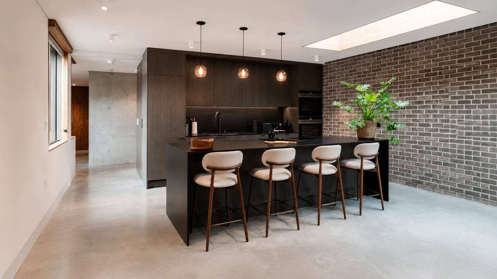 Upholstered bar stools tucked under a kitchen island in a bright modern kitchen