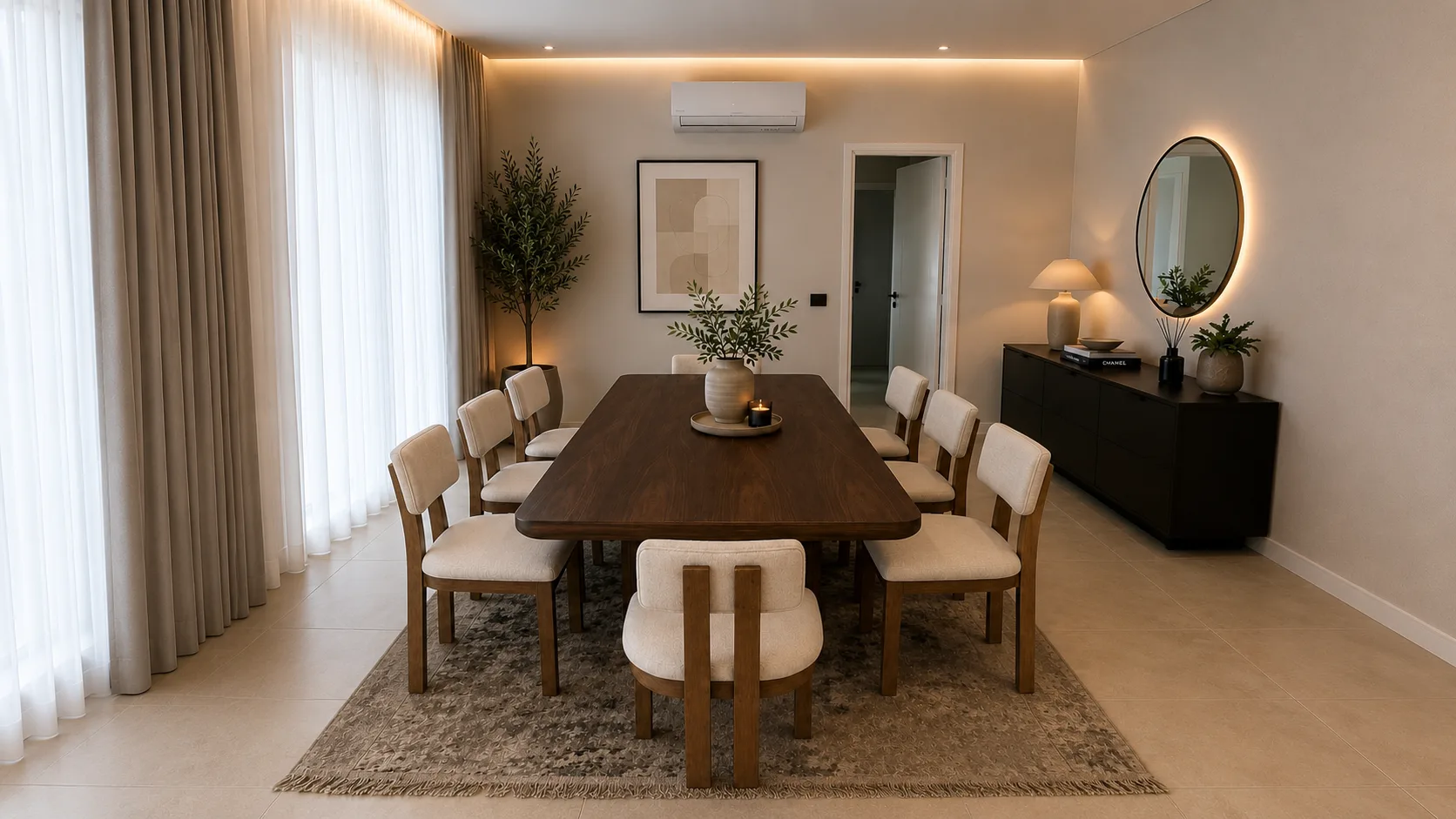 Upholstered dining chairs around a wooden table set for a relaxed meal